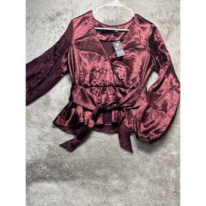 Guess Womens Satin Wrap Blouse With Tie Waist & Peplum Hem NWT
